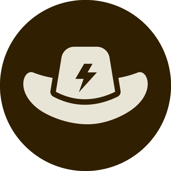 Icon of a cowboy hat with a lightning bolt in the center on a dark background.