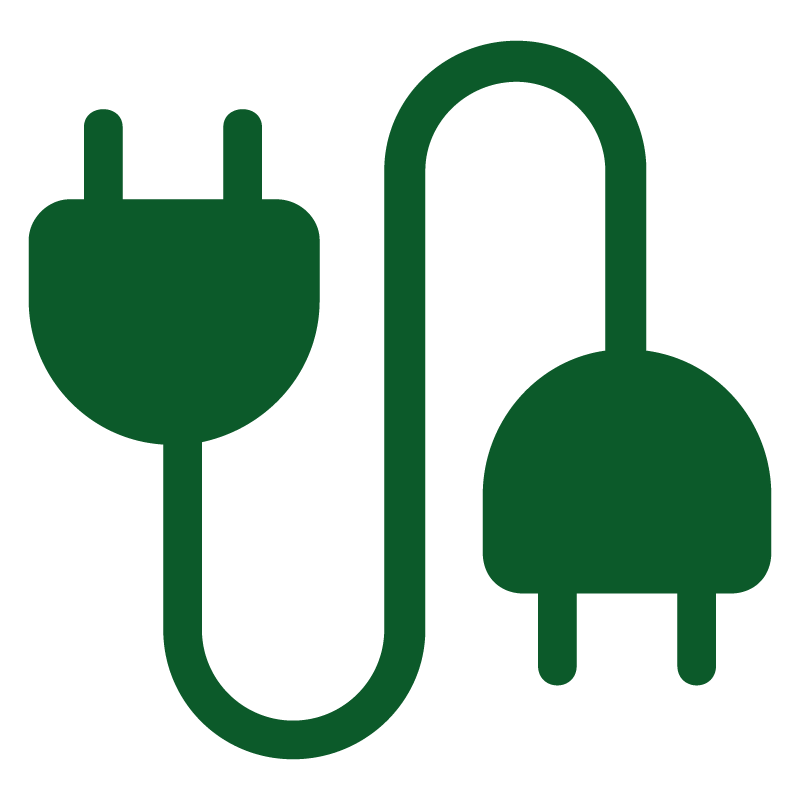 Icon of an electrical plug and socket connected by a cable, green in color.