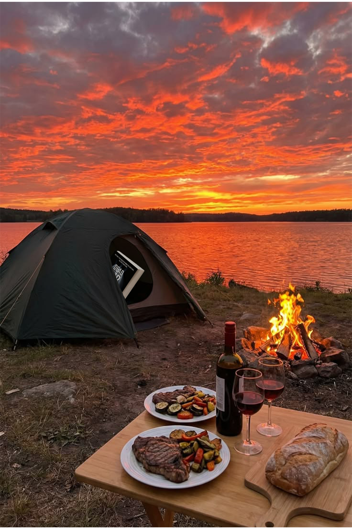 Camping scene by a lake during sunset with a tent, a campfire, a table with food and drinks, including steak, vegetables, bread, and red wine, and a vibrant, colorful sky with orange and pink clouds.
