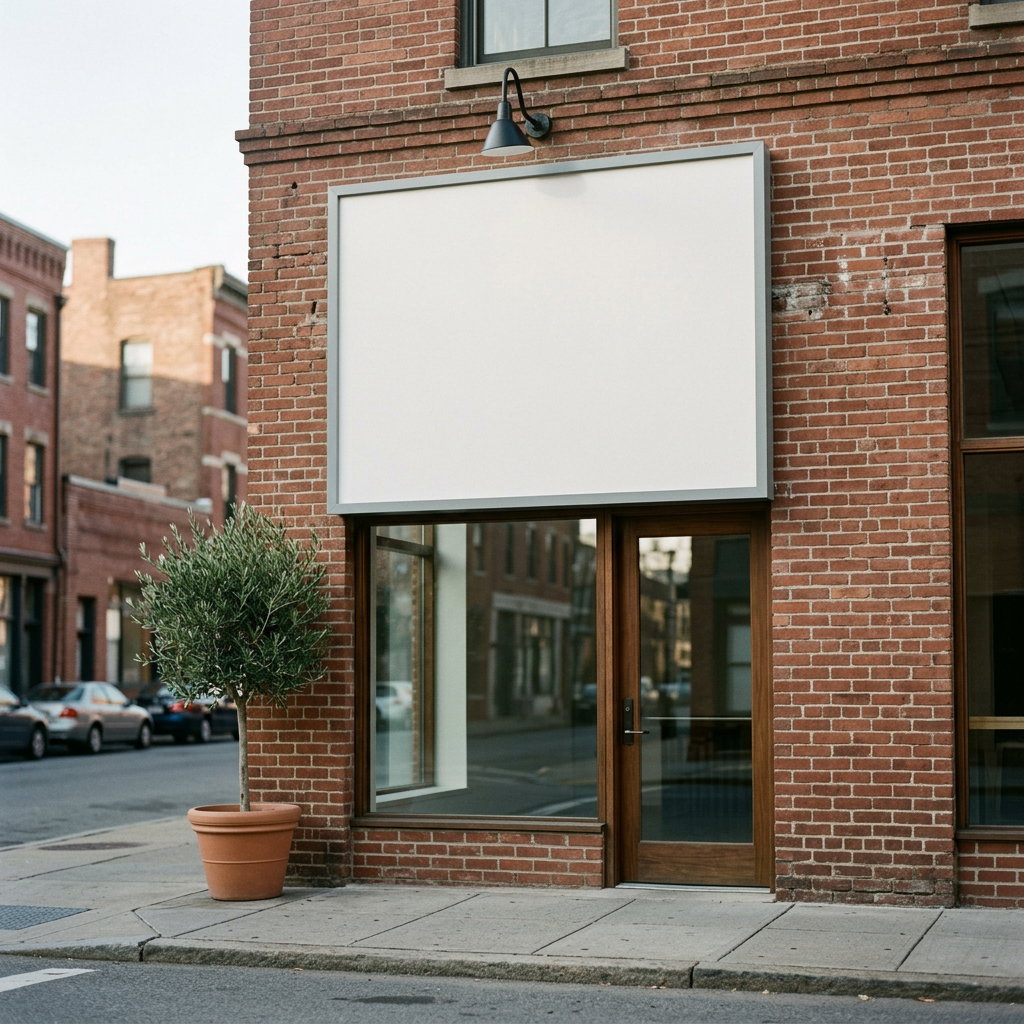 Empty commercial storefront with a large white blank sign above the doorp and a window, brick exterior, potted tree on sidewalk.