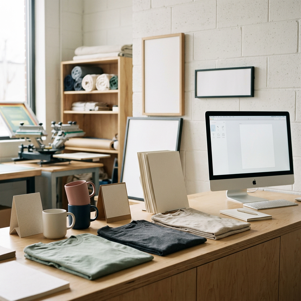 A craft or design workspace with folded clothing, notebooks, and mugs on a wooden desk, digital design tools on a desktop computer, and shelves with fabric and frames in a bright, organized room.