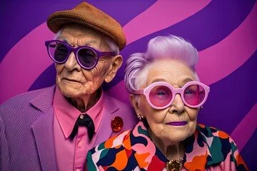 Two elderly people wearing colorful, fashionable sunglasses and vibrant clothing against a purple background.