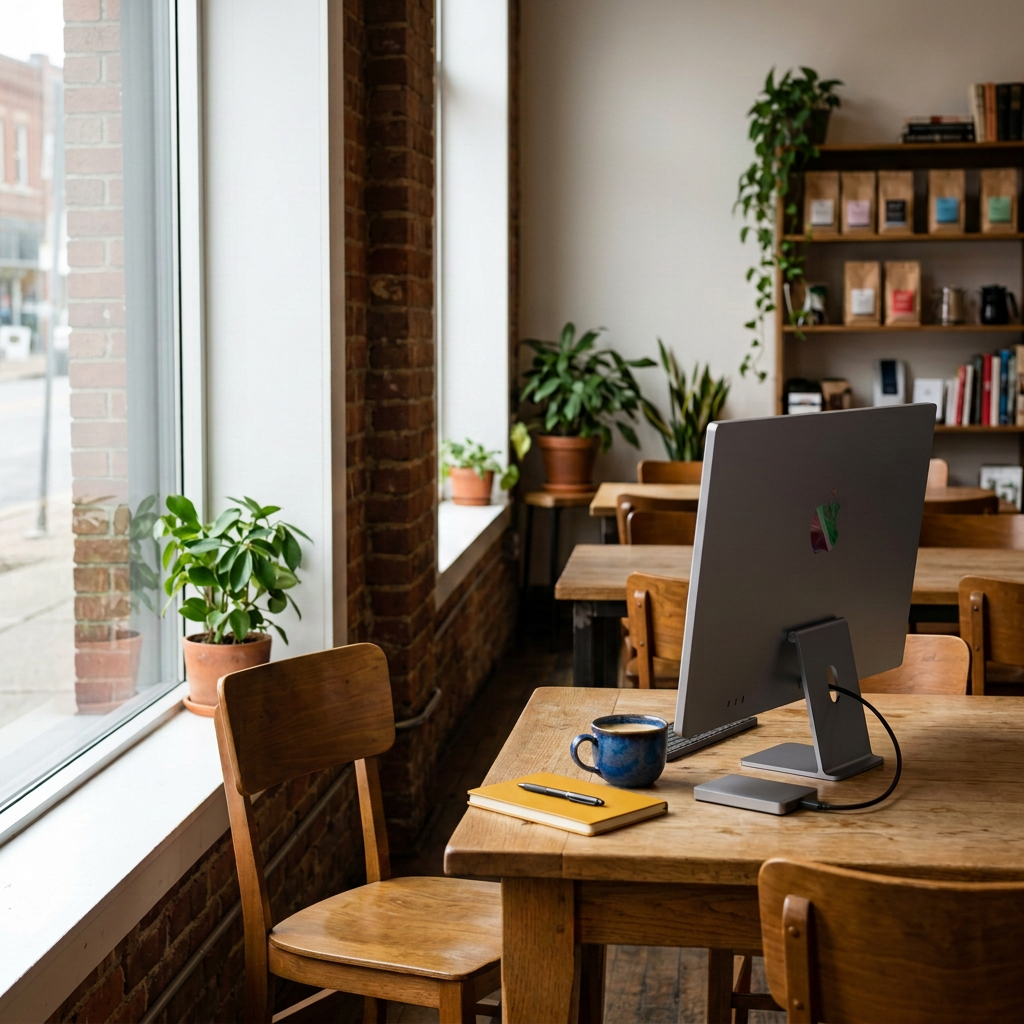 A cozy workspace with wooden tables and chairs, a computer monitor, a notebook with a pen, a coffee mug, and potted plants near a large window in a brick-walled room.