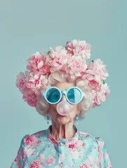 An elderly woman with a large pink floral headpiece, wearing blue sunglasses and a floral blouse against a light blue background.