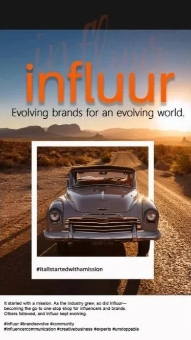 A vintage car on a desert road during sunset, with the word 'influur' in orange and the slogan 'Evolving brands for an evolving world.'