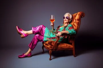 Older woman with purple glasses and colorful clothing, sitting in an ornate armchair, holding a glass of wine, with one leg crossed over the other.