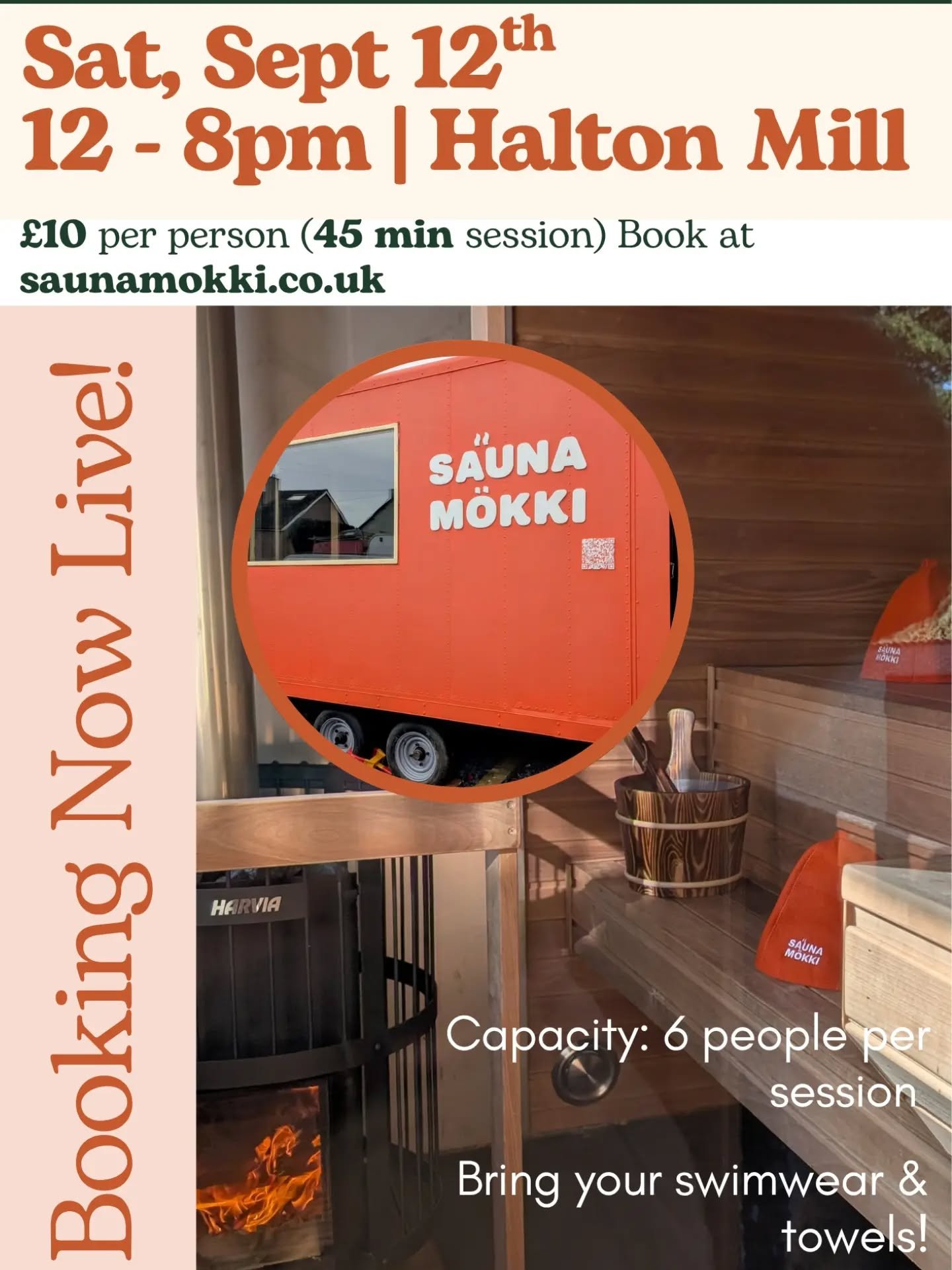 We are live! 🥳🔥🧡

We are now taking bookings for our soft launch at Halton Millfest (LA2 6ND) on 12th Sep. 45 minute sessions will run throughout the festival for ticket- holders from 12-8pm.

Come reset and enjoy a shared wood-fired sauna experie