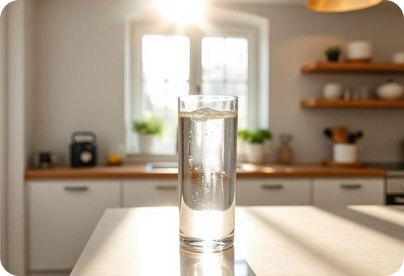 Glass of water on a kitchen table with sunlight streaming through a window, kitchen shelves and potted plants in the background.