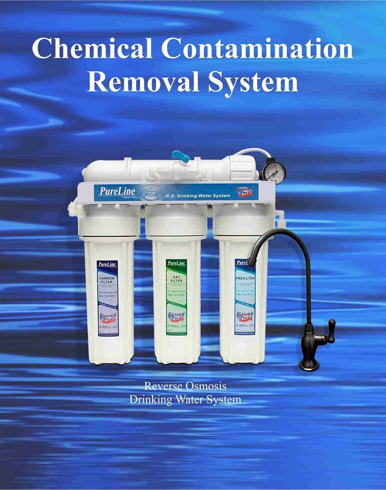 A molecular reverse osmosis drinking water system with three filtration units, labeled Carbon Filter, GAC Filter, and Pre-Filter, mounted on a blue wave background, with the title "Chemical Contamination Removal System" and description "Reverse Osmosis Drinking Water System."