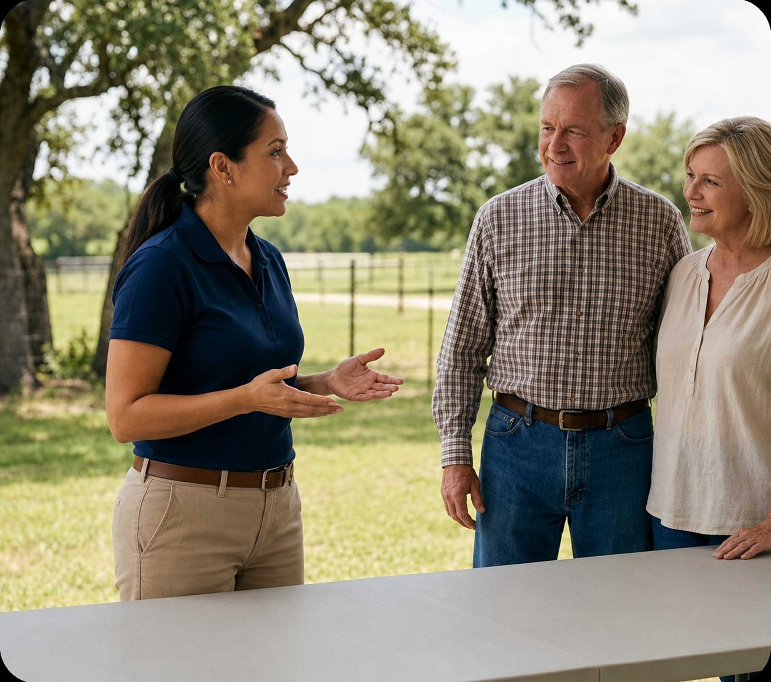 A woman wearing a blue polo shirt and beige pants talking to an older man in a checkered shirt and blue jeans while a woman with blonde hair looks on in a park with green trees and a fence in the background.