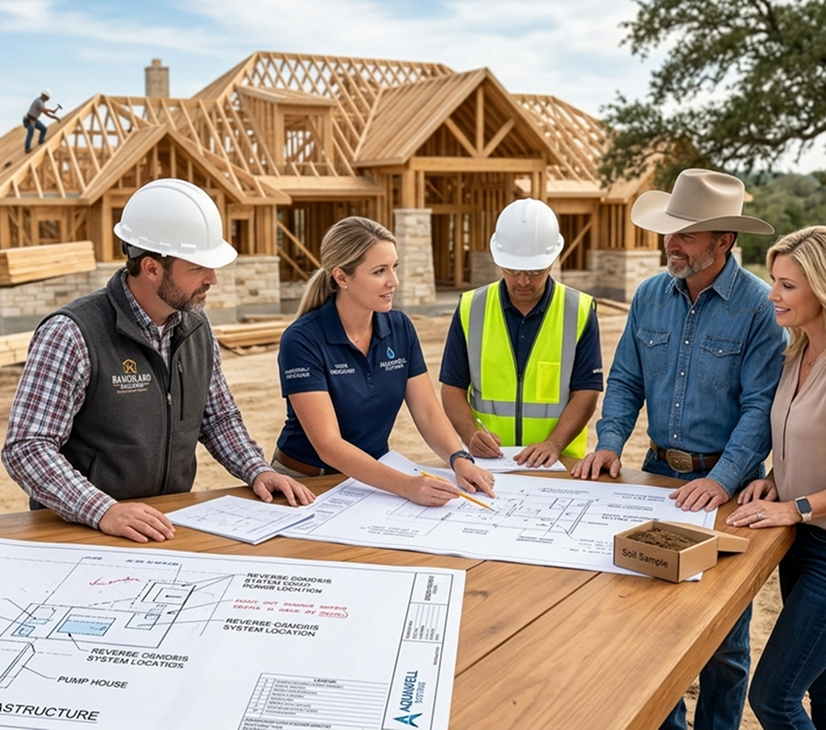 Group of construction workers and architects discussing blueprints at a construction site with a house frame in the background.