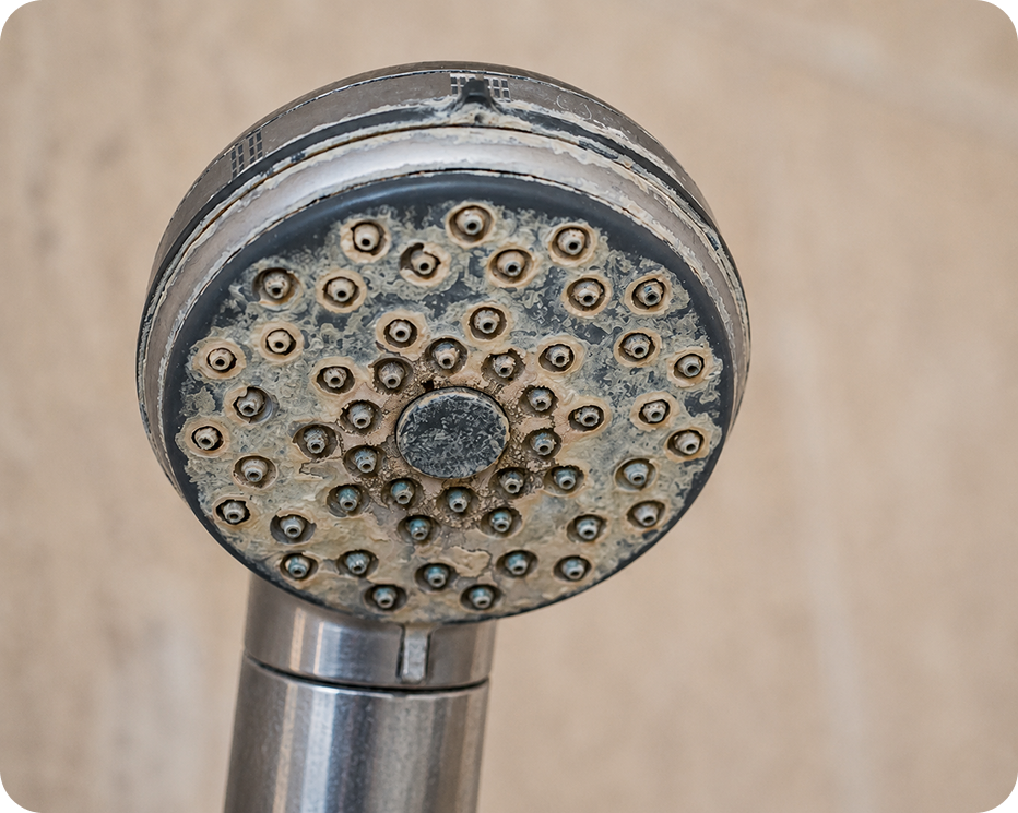 Close-up of a showerhead with mineral buildup and discoloration, showing multiple small nozzles.