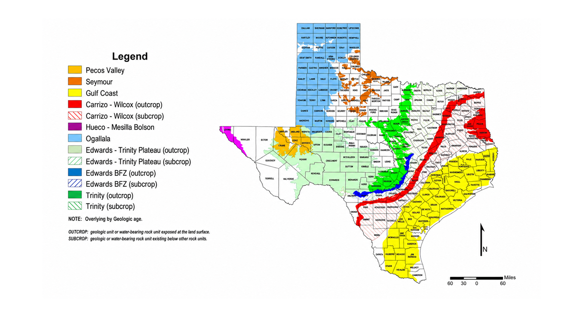 Color-coded map of Texas showing different geologic units with a legend indicating various rock formations and regions, including Pecos Valley, Seymour, Gulf Coast, Carrizo-Wilcox, Hueco-Mesilla Bolson, Ogallala, Edwards-Trinity Plateau, Edwards BFZ, and Trinity, with overlays indicating outcrops and subcrops.