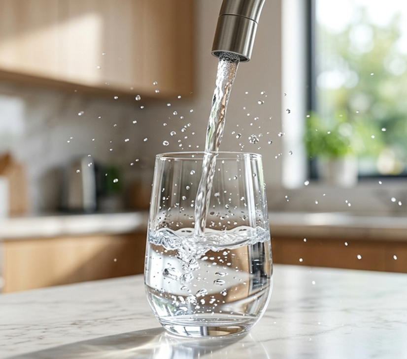 A glass of water being filled from a kitchen faucet with splash and bubbles visible.