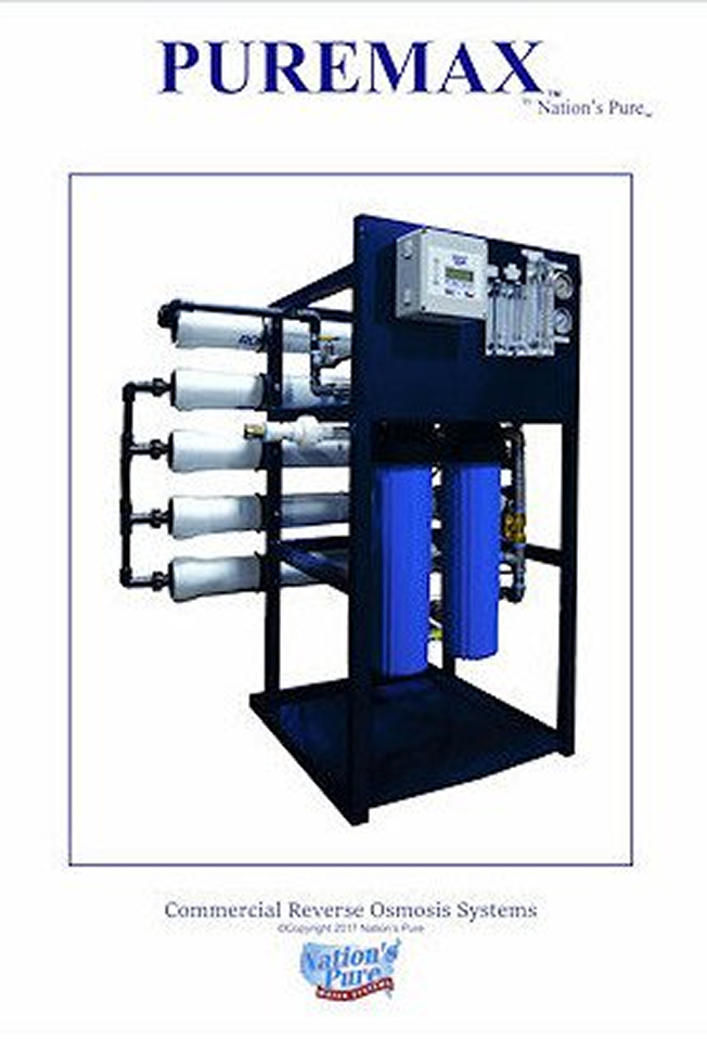 A commercial reverse osmosis water filtration system with multiple white filter cartridges mounted on a black metal frame, featuring blue canisters and control panels.