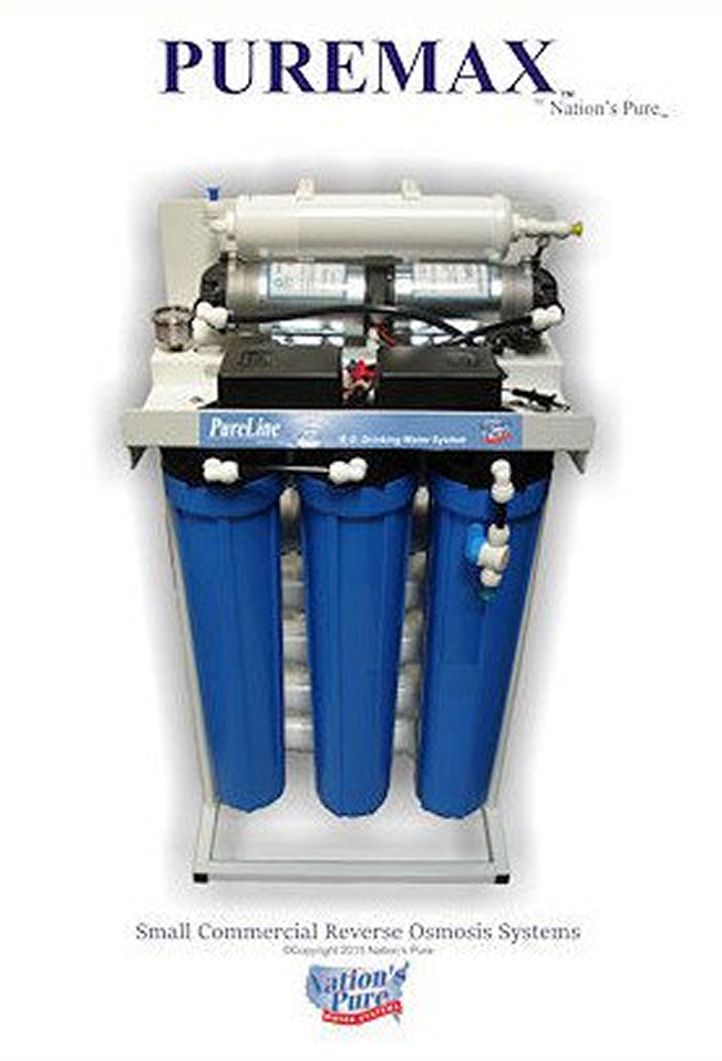 A small commercial reverse osmosis water filtration system with three large blue filters, white pipes, and a black control box, branded with PUREMAX and Nation's Pure.