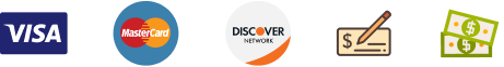 Credit cards from Visa, MasterCard, and Discover, along with cash and a check.