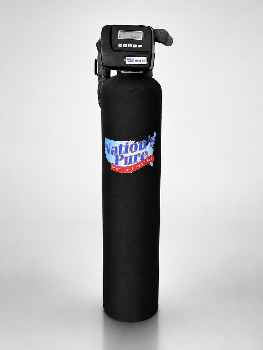 Water softener with a black cylindrical tank and a control panel on top, featuring a digital display and buttons. The tank has a label that reads 'Nation's Pure Water Systems.'