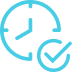 Two blue icons representing clock and checkmark on a white background