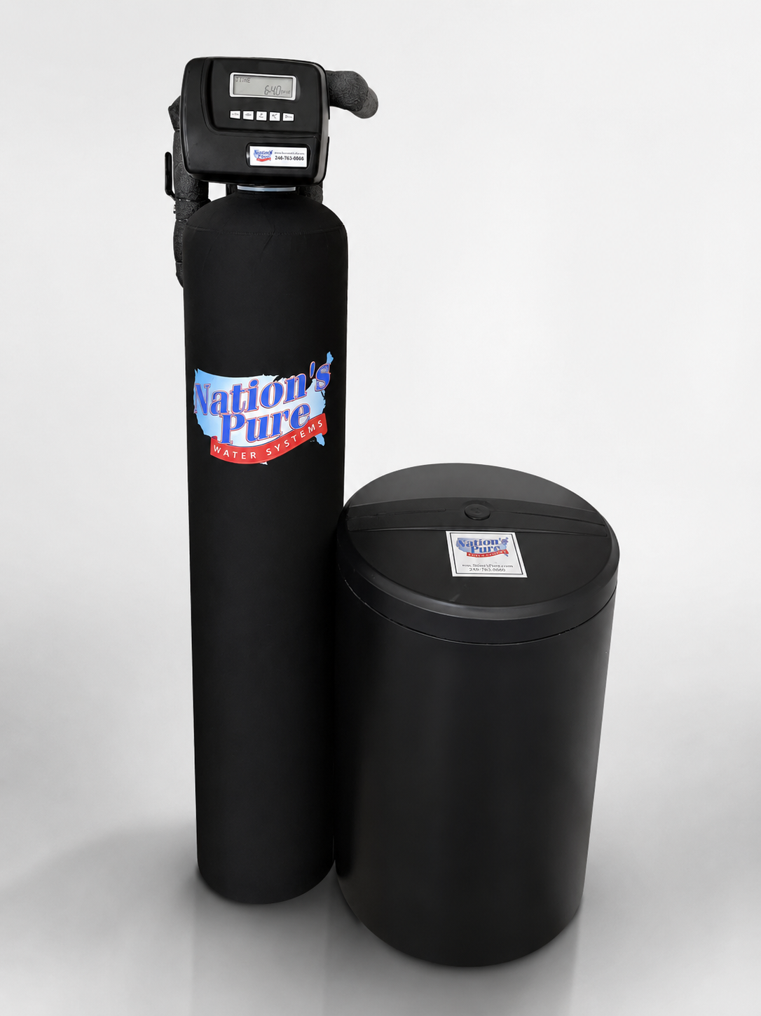 A water softener system with a black resin tank and a black brine tank, both labeled 'Nation's Pure Water Systems' on a white background.