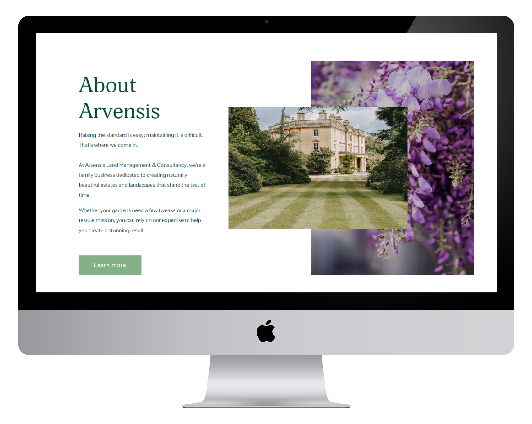 Computer screen displaying a webpage titled 'About Arvensis' with text about estate management and landscaping, a photo of a grand estate, and purple flowers in the background.