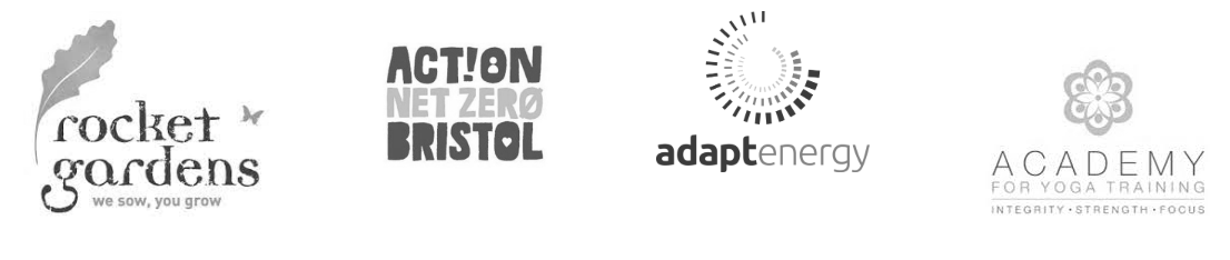 Logos of Rocket Gardens, Action Net Zero Bristol, Adapt Energy, and Academy for Yoga Training