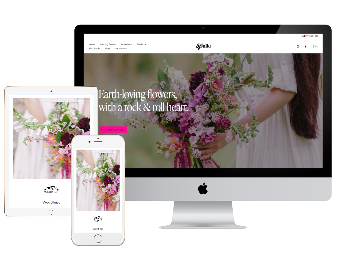Responsive website display with a floral bouquet on a computer monitor, tablet, and smartphone screens, showcasing a wedding floral service.