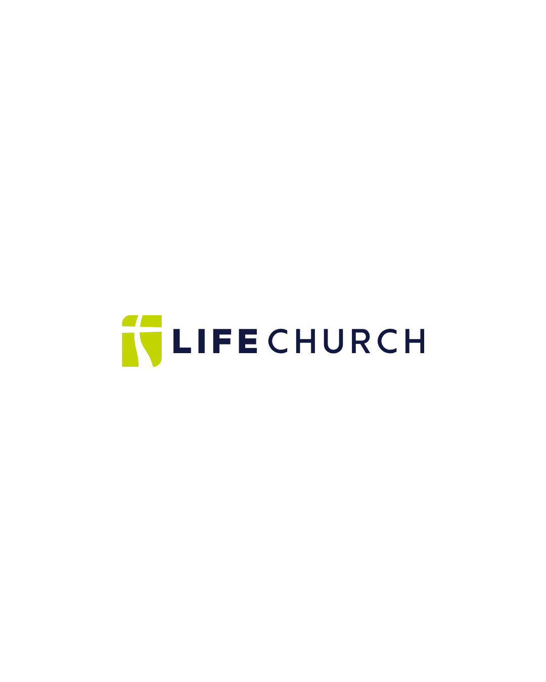 Logo of Life Church with stylized cross and the text 'LIFE CHURCH' in navy blue, with a black background.