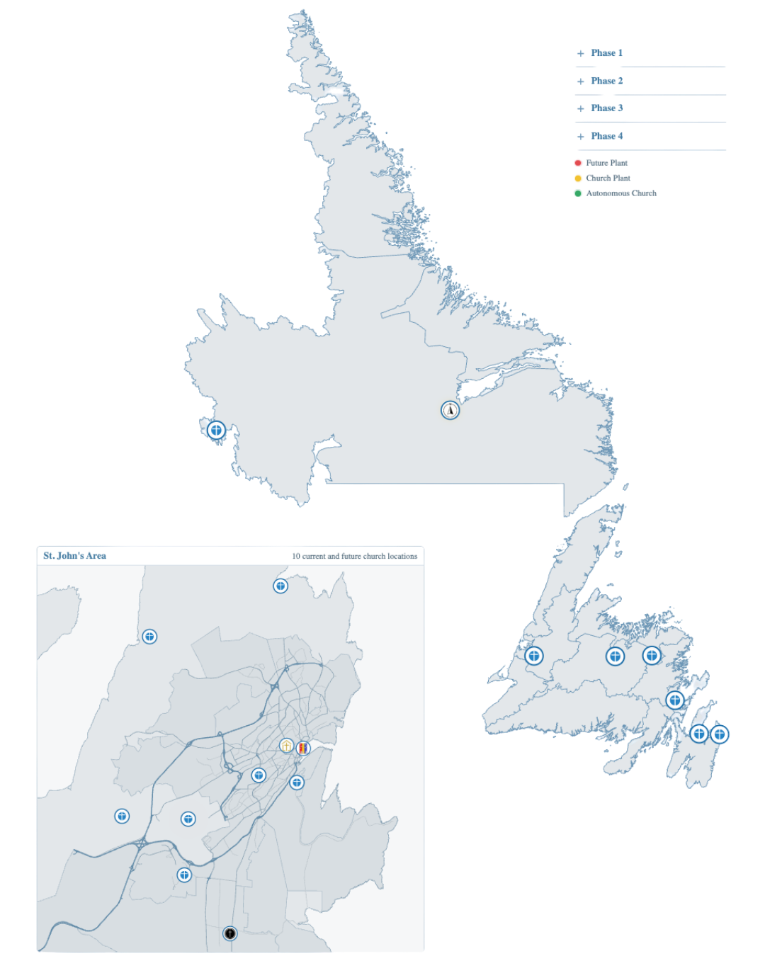 Map of Canada with various regions and a detailed inset map of St. John's area showing church locations.