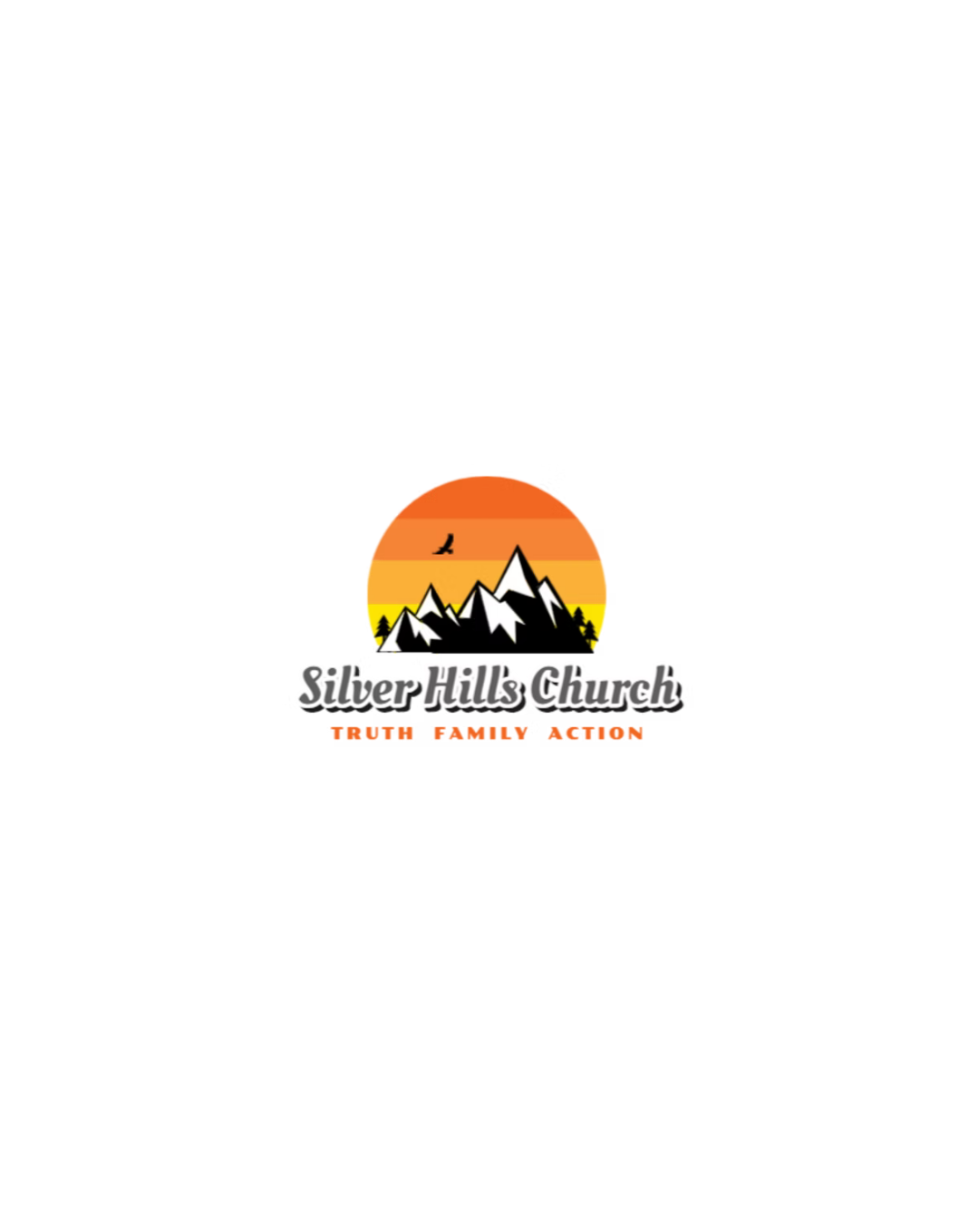 Logo for Silver Hills Church featuring a mountain range, a sunset with orange and yellow hues, a bird flying, and text that reads 'Silver Hills Church' with the tagline 'Truth, Family, Action'.