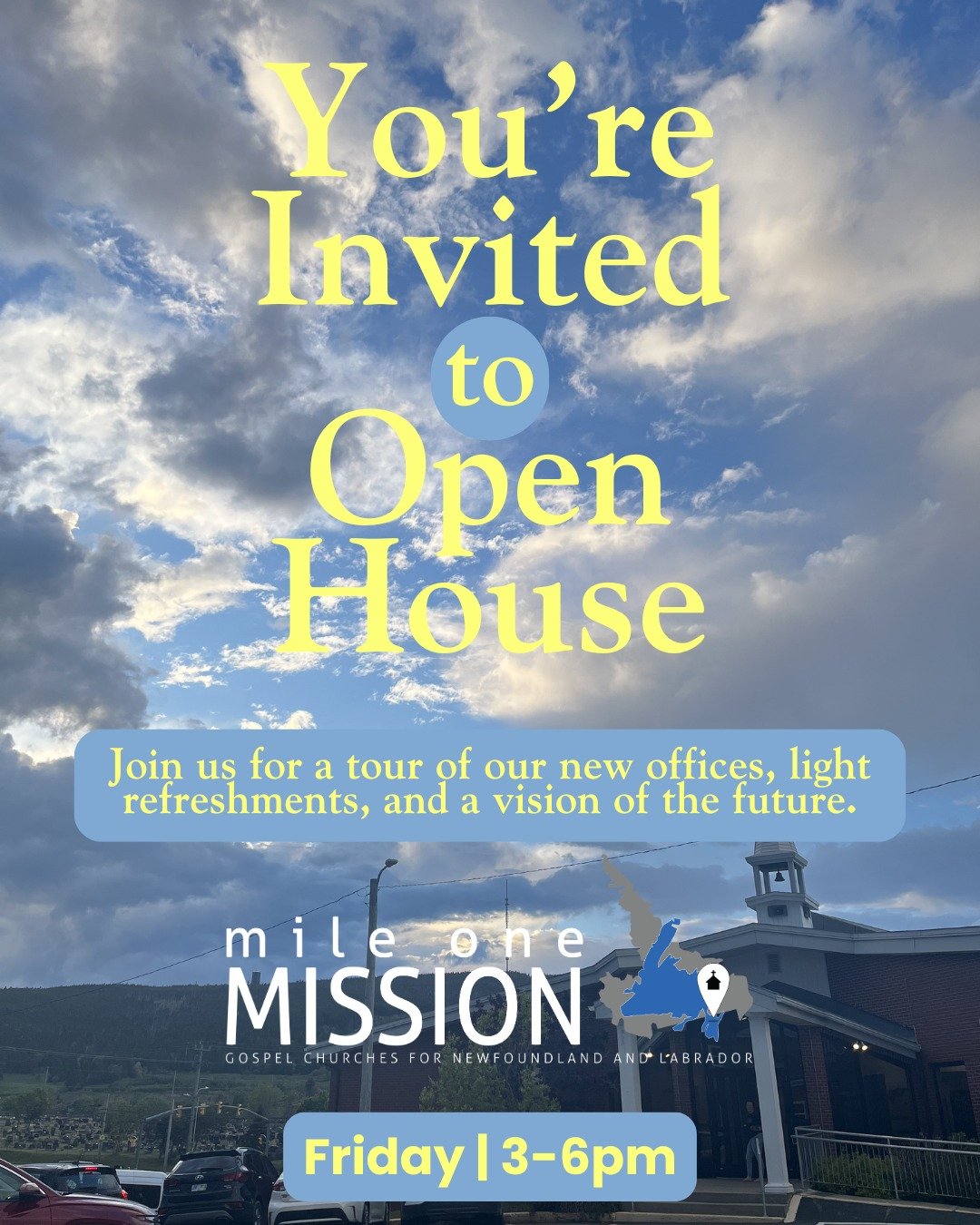 Join us this Friday at our new offices, 777 Topsail Rd, (directly behind Calvary Baptist Church)!! We are finally ready to share our new space with you. We will give tours, have some light refreshments, and share a vision of the future! Come see what