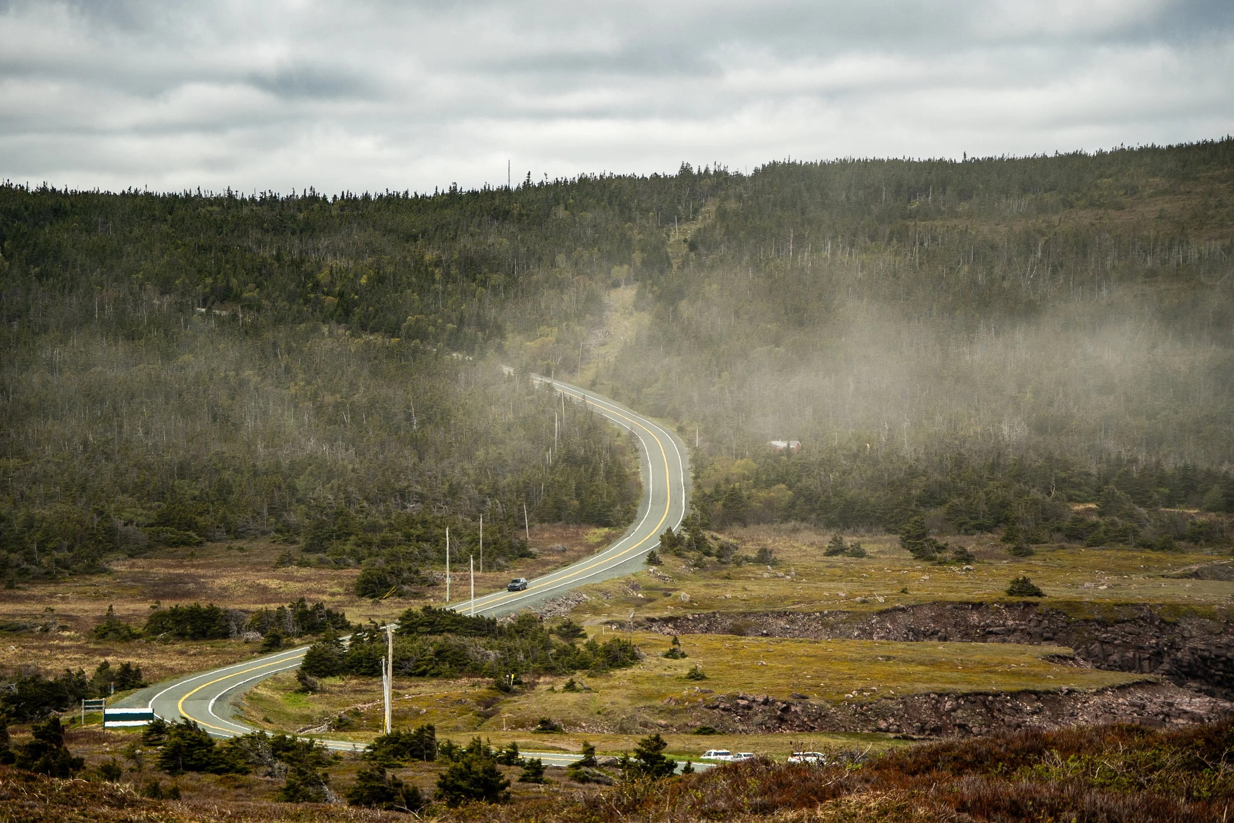 Winding road through rolling hills and dense forest on a cloudy day.
