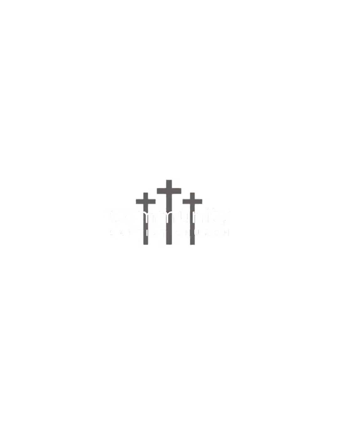 Black background with three crosses and the words 'Community' and 'Church' in white and pink text.