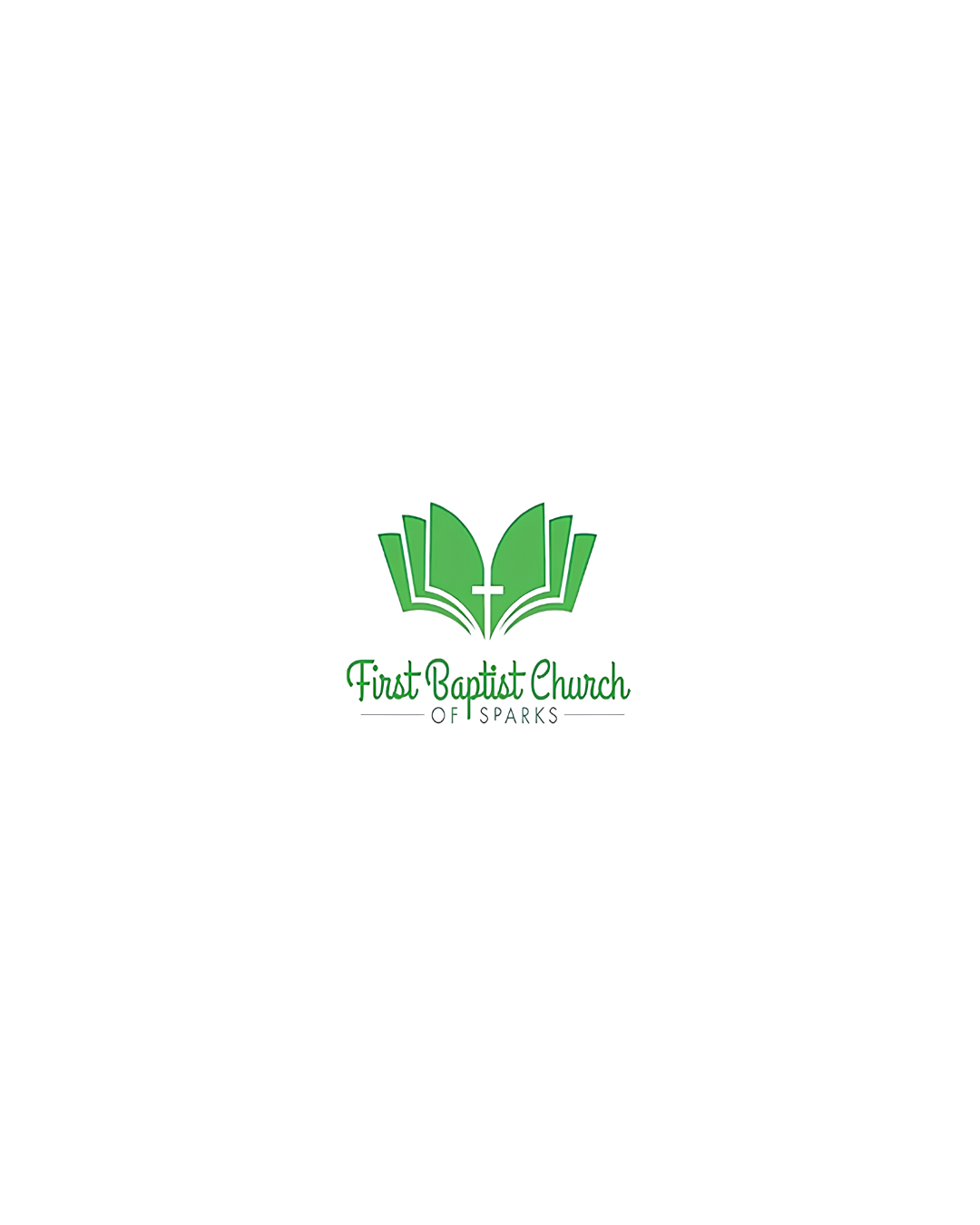 Logo for First Baptist Church, featuring an open Bible with green pages and the church name beneath.