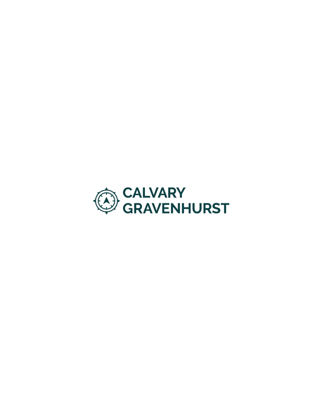 Silhouetted person standing on a mountain peak with arms raised at sunrise or sunset, with a forested landscape below and mountains in the distance, and the Calvary Gravenhurst logo at the bottom.