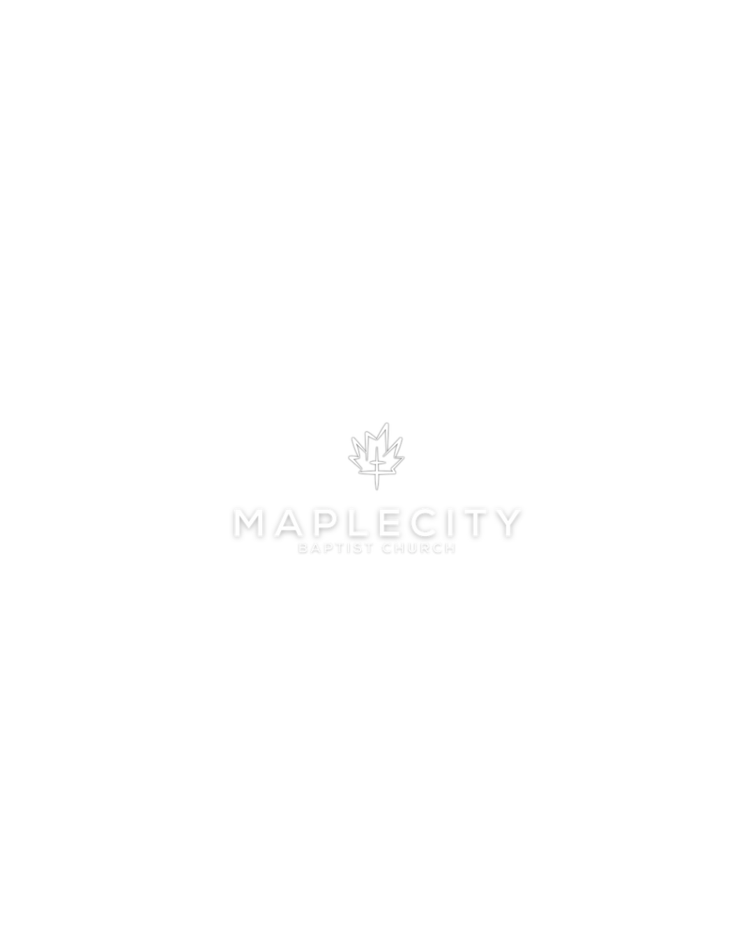 Black background with white text and logo for Maple City Baptist Church, featuring a stylized maple leaf with a cross in the center.
