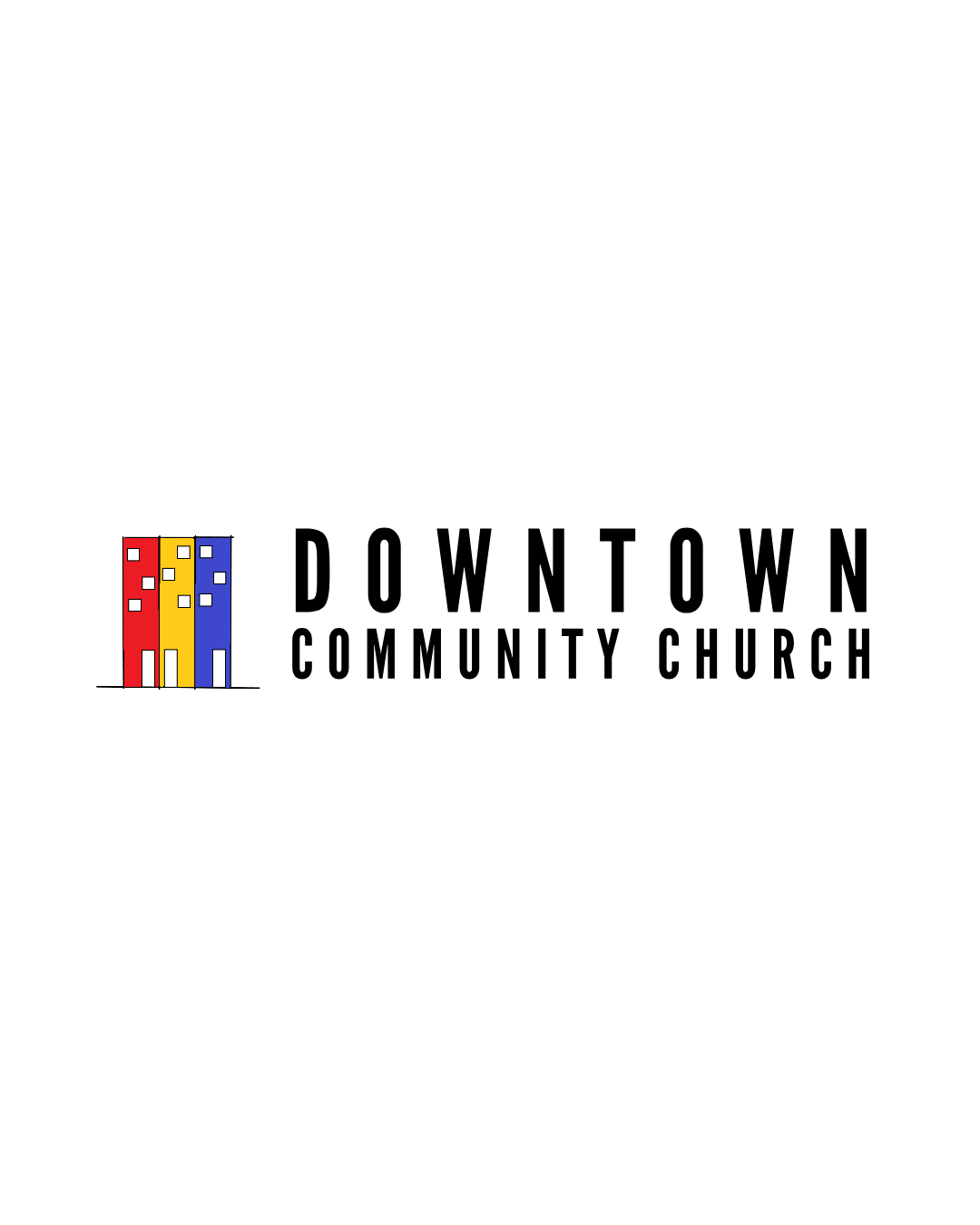 Black outline of a human head in profile with a brain depicted inside. Three vertical buildings colored red, yellow, and blue are positioned at the bottom left, overlapping the neck area.