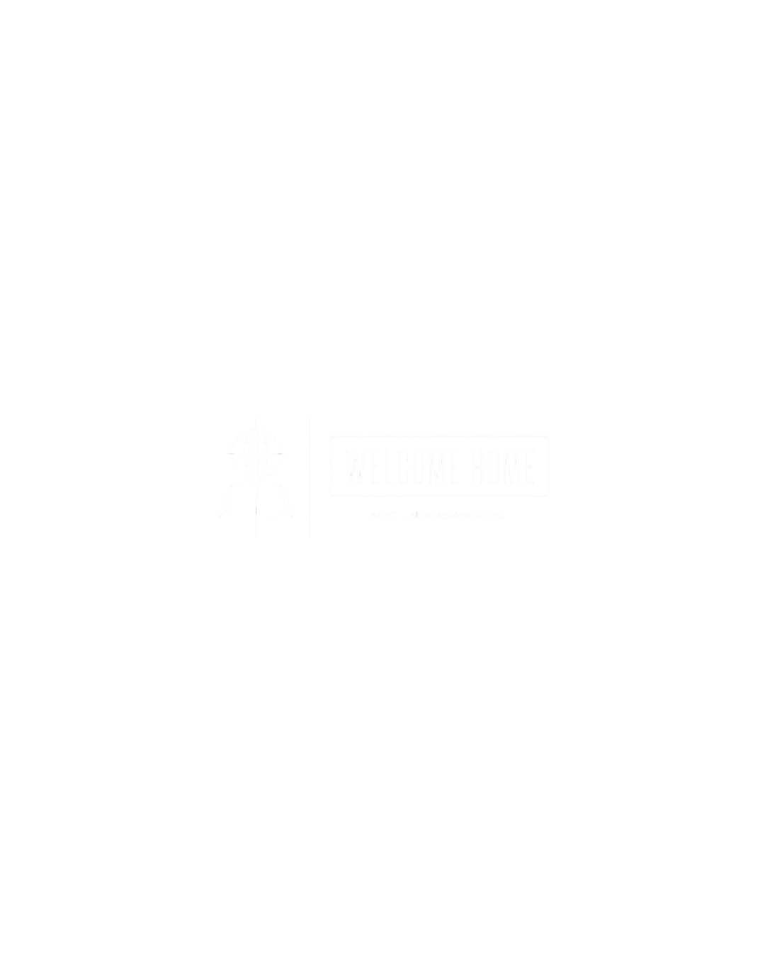 Black t-shirt with a white globe and map marker icon and the text 'Welcome Home' printed on it.