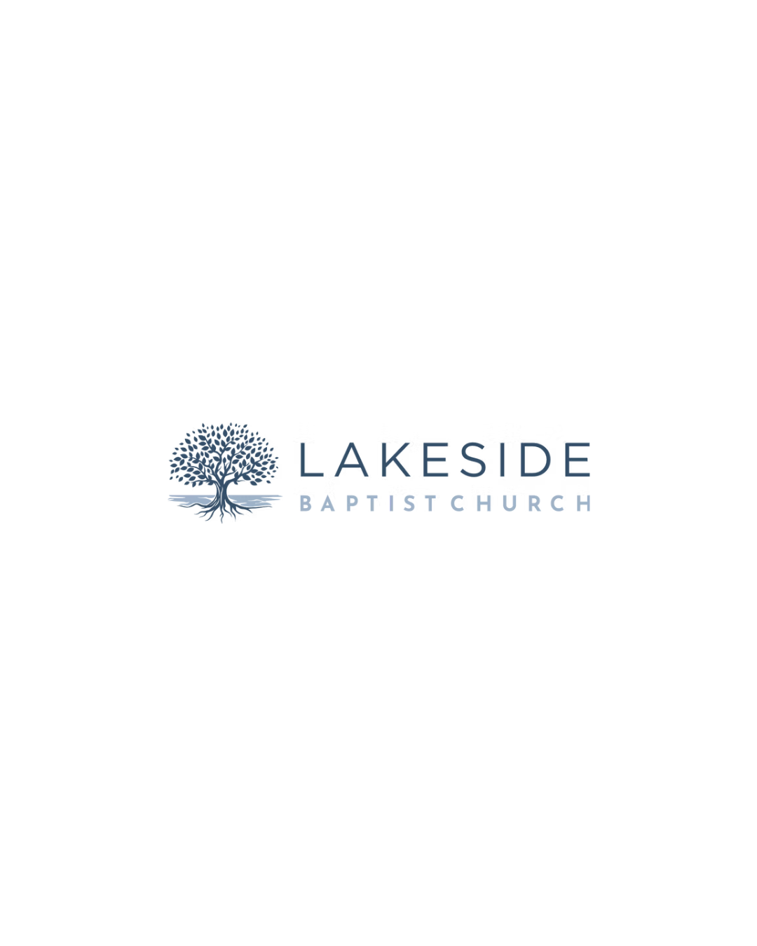 Lakeside Baptist Church logo featuring a blue tree with roots and water reflection, with text 'Lakeside Baptist Church' beneath it.