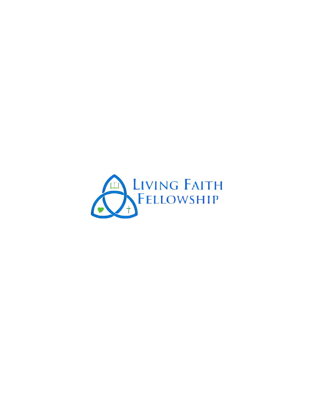 Black background with the blue logo of Living Faith Fellowship, featuring three interconnected loops with a book, a heart, and a cross inside, and the church's name in blue text.