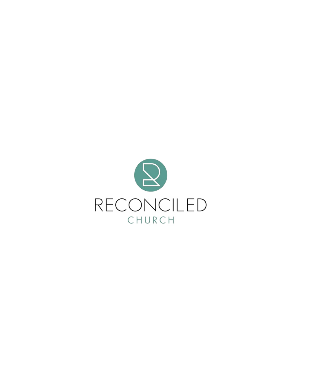 Logo of Reconciled Church with a circular teal icon featuring a white line drawing of a face profile, and the words 'RECONCILED CHURCH' beneath it, on a black background.