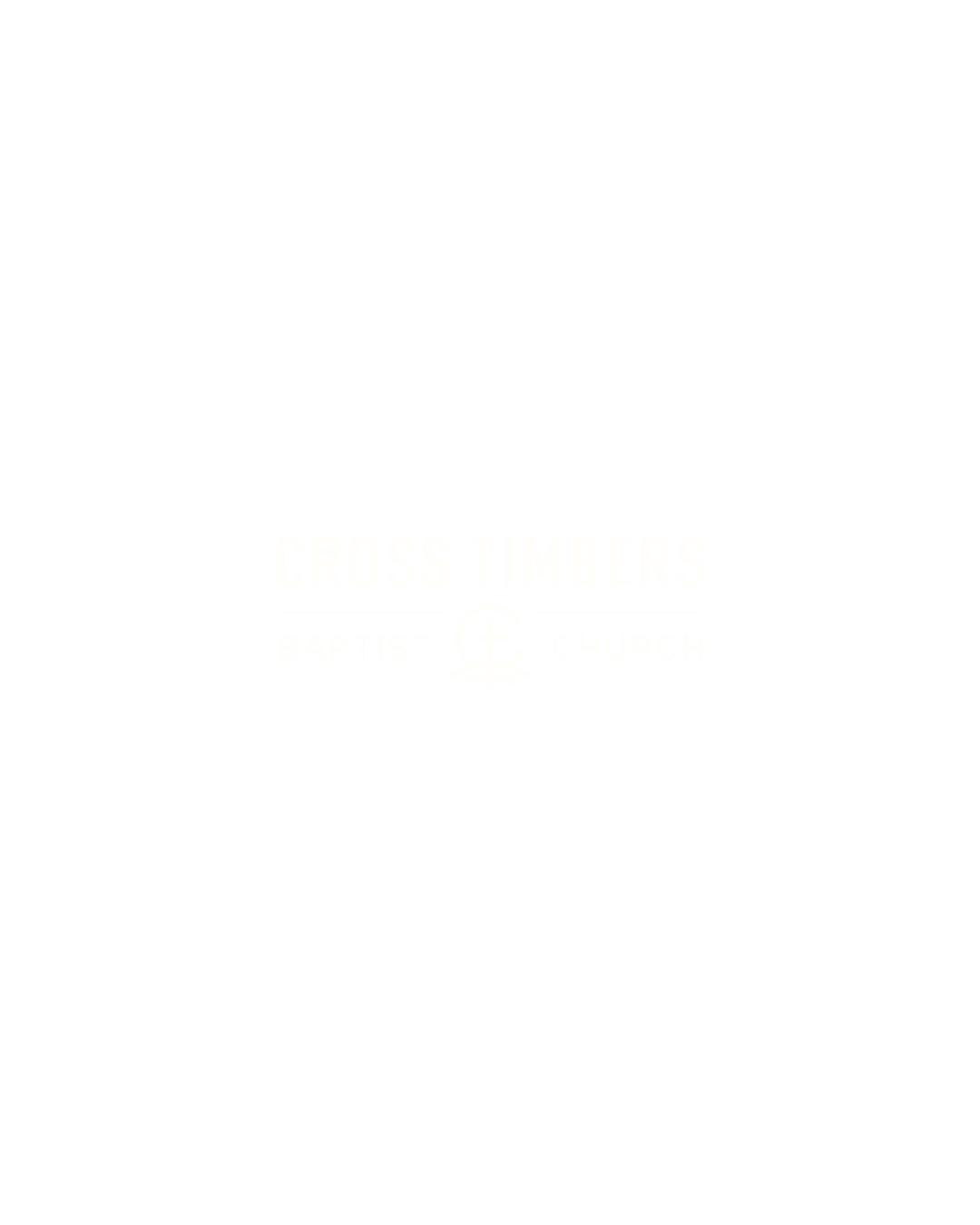 Black background with white logo and text for Cross Timbers Baptist Church, featuring a stylized cross inside an open book.