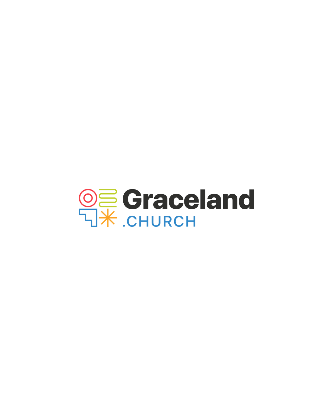 Logo for Graceland Church with stylized colorful cross, circle, and church building graphic elements.