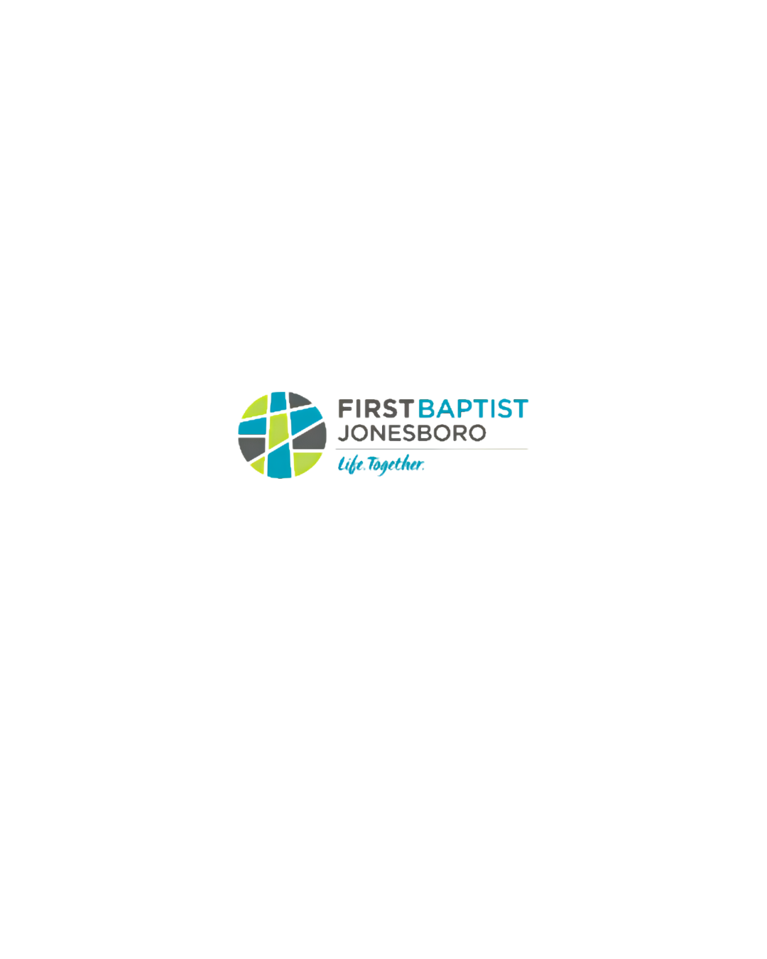 Logo for First Baptist Jonesboro with a circular emblem featuring blue, green, and gray segments.
