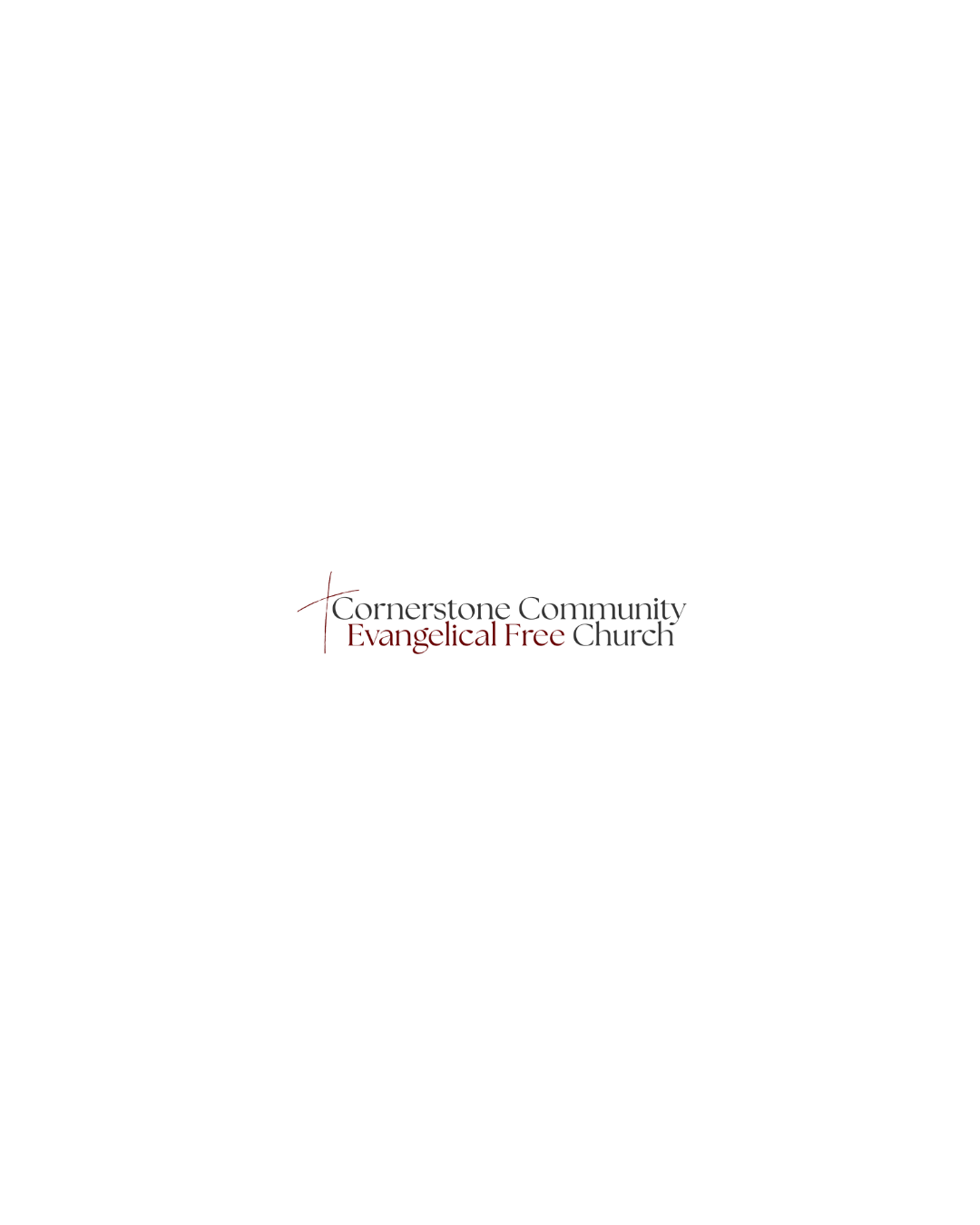 Logo of Cornerstone Community Evangelical Free Church with a black cross and red and black text.