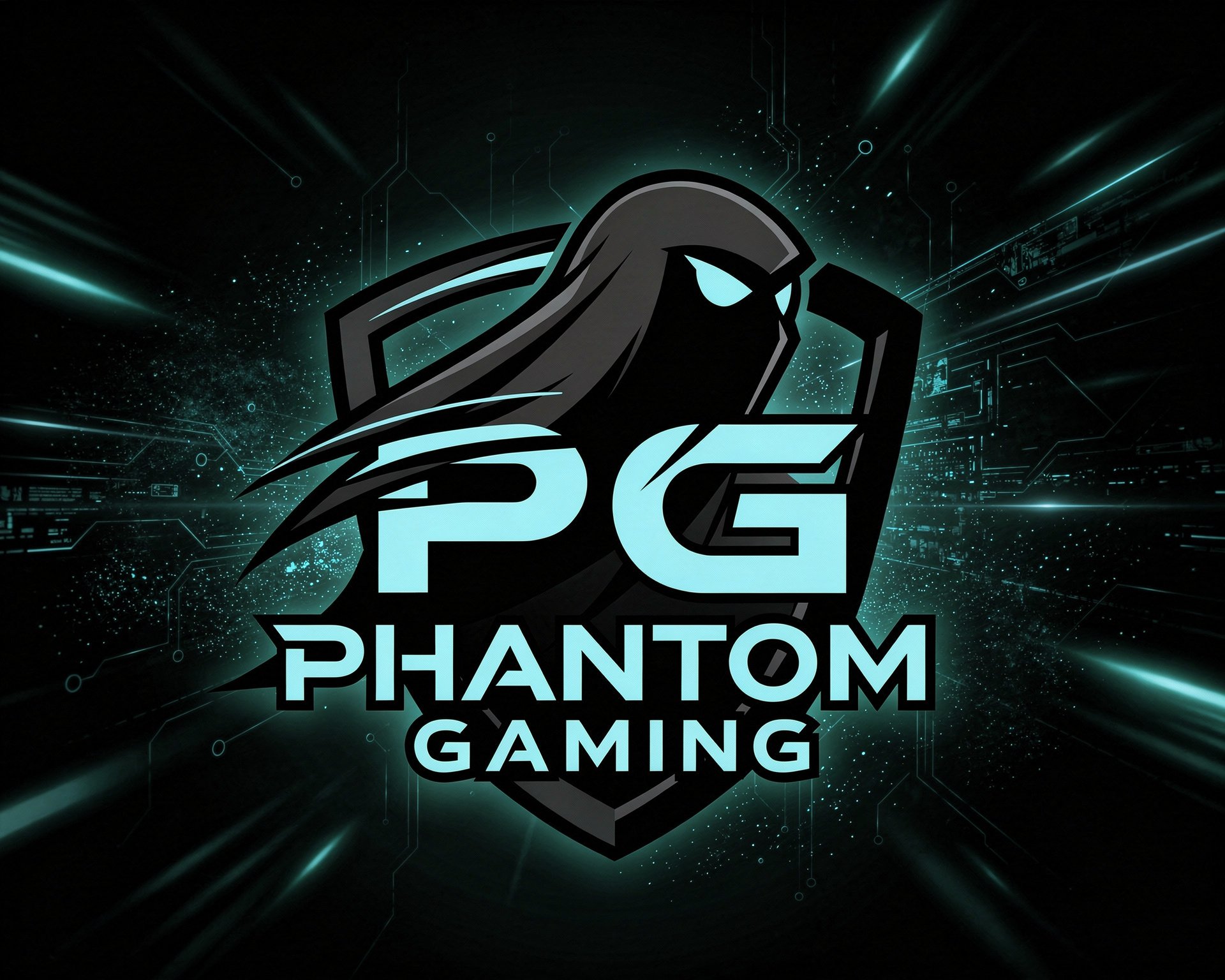 Dark digital background with glowing blue lines and particles, featuring a stylized hooded figure with illuminated eyes and the text 'PHANTOM GAMING' in bold light blue and black font.
