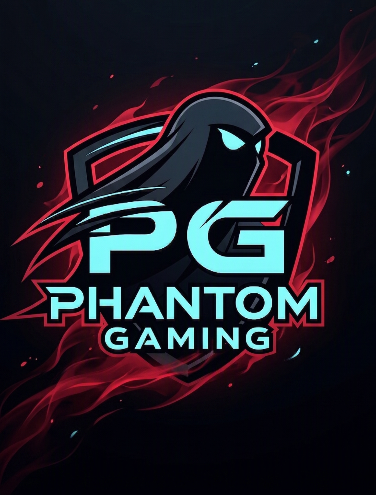 Graphic design logo for Phantom Gaming featuring a stylized ghostly figure with glowing blue eyes, surrounded by red smoke-like accents. The text 'PHANTOM GAMING' appears below in bold, luminous blue and white lettering.