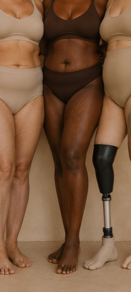 Diverse group of women showcasing different skin tones, body types, scars, stretch marks and natural skin.