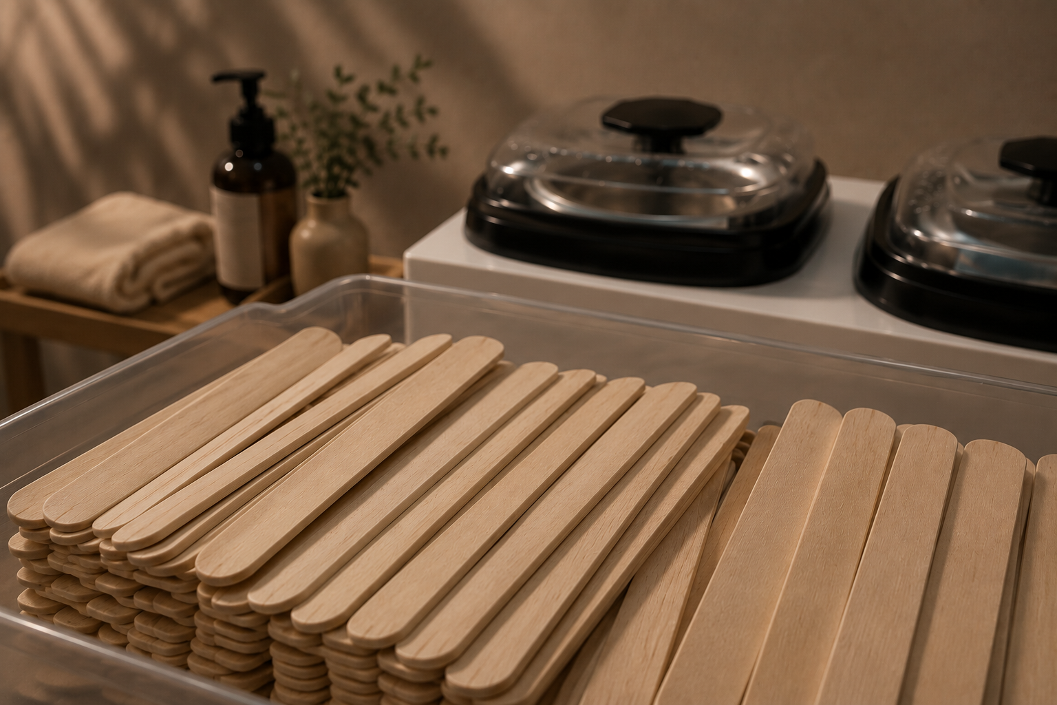 Professional body waxing supplies with wooden wax applicator sticks and wax warmers in a treatment studio ready for face waxing.
