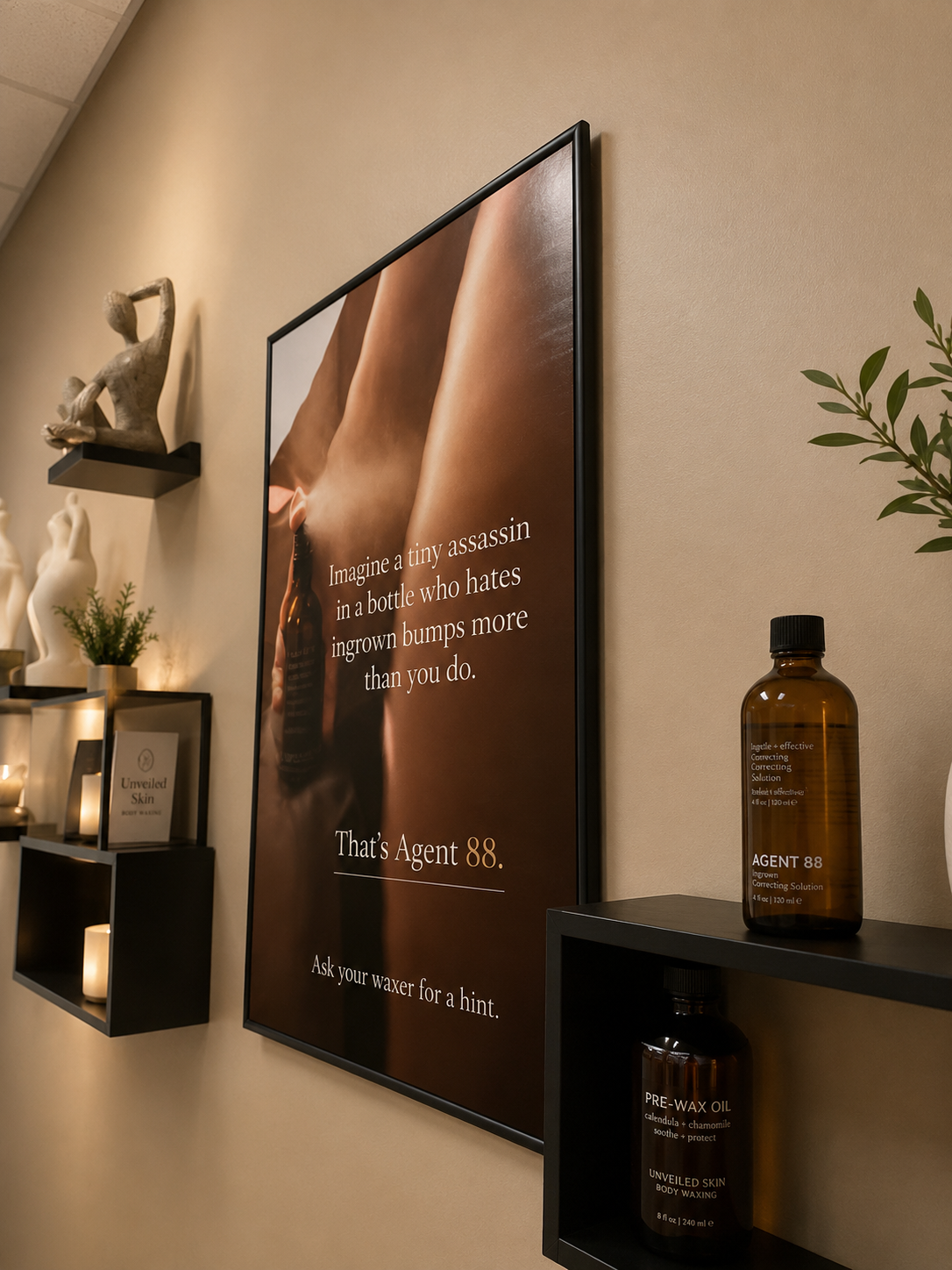 Professional waxing studio interior featuring Unveiled Skin Agent 88 ingrown hair solution and pre-wax oil.